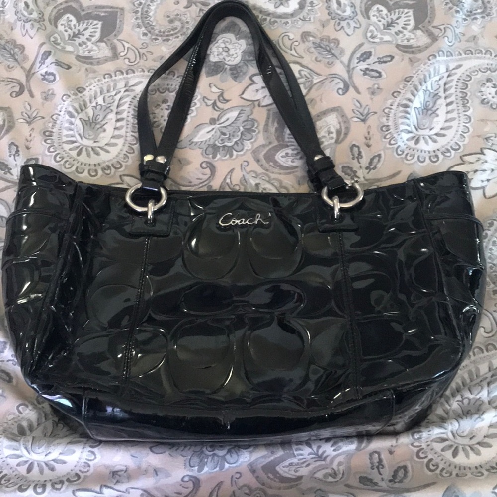 Coach Signature Embossed Black Patent Leather Tote Handbag 17729 Excellent